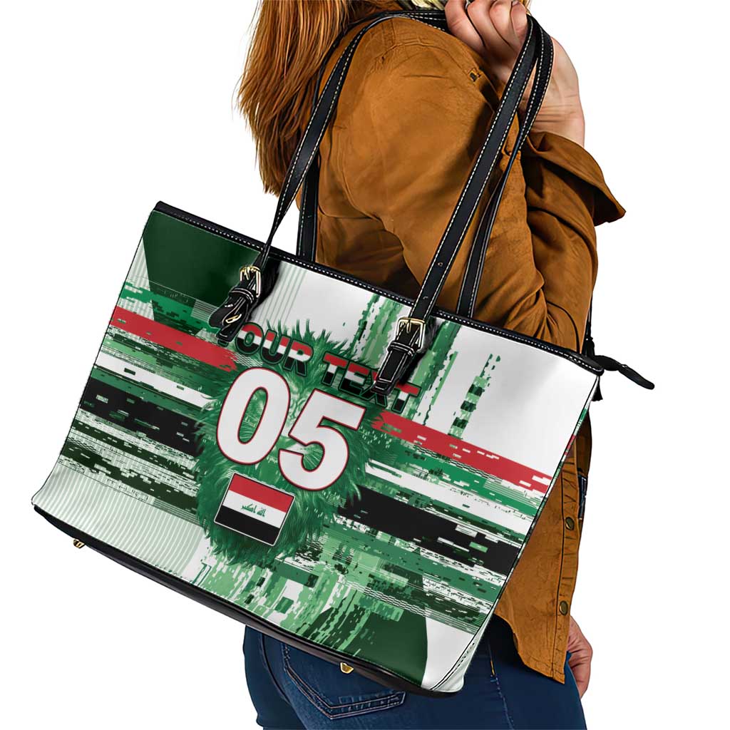 Custom Iraq Football Leather Tote Bag Modern Glitch Art Style Lion Symbolism