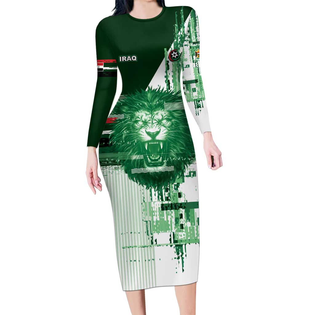 Custom Iraq Football Long Sleeve Bodycon Dress Modern Glitch Art Style Lion Symbolism
