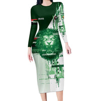 Custom Iraq Football Long Sleeve Bodycon Dress Modern Glitch Art Style Lion Symbolism