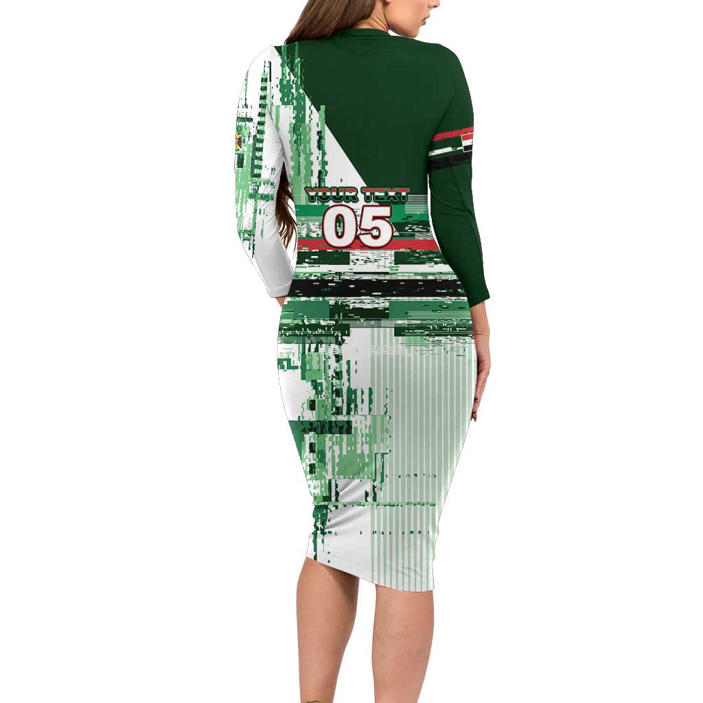 Custom Iraq Football Long Sleeve Bodycon Dress Modern Glitch Art Style Lion Symbolism