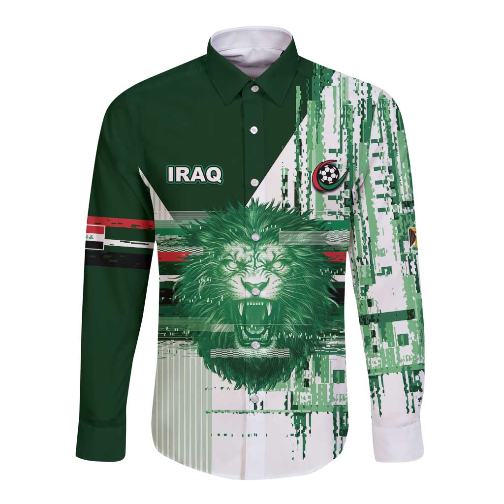 Custom Iraq Football Long Sleeve Button Shirt Modern Glitch Art Style Lion Symbolism