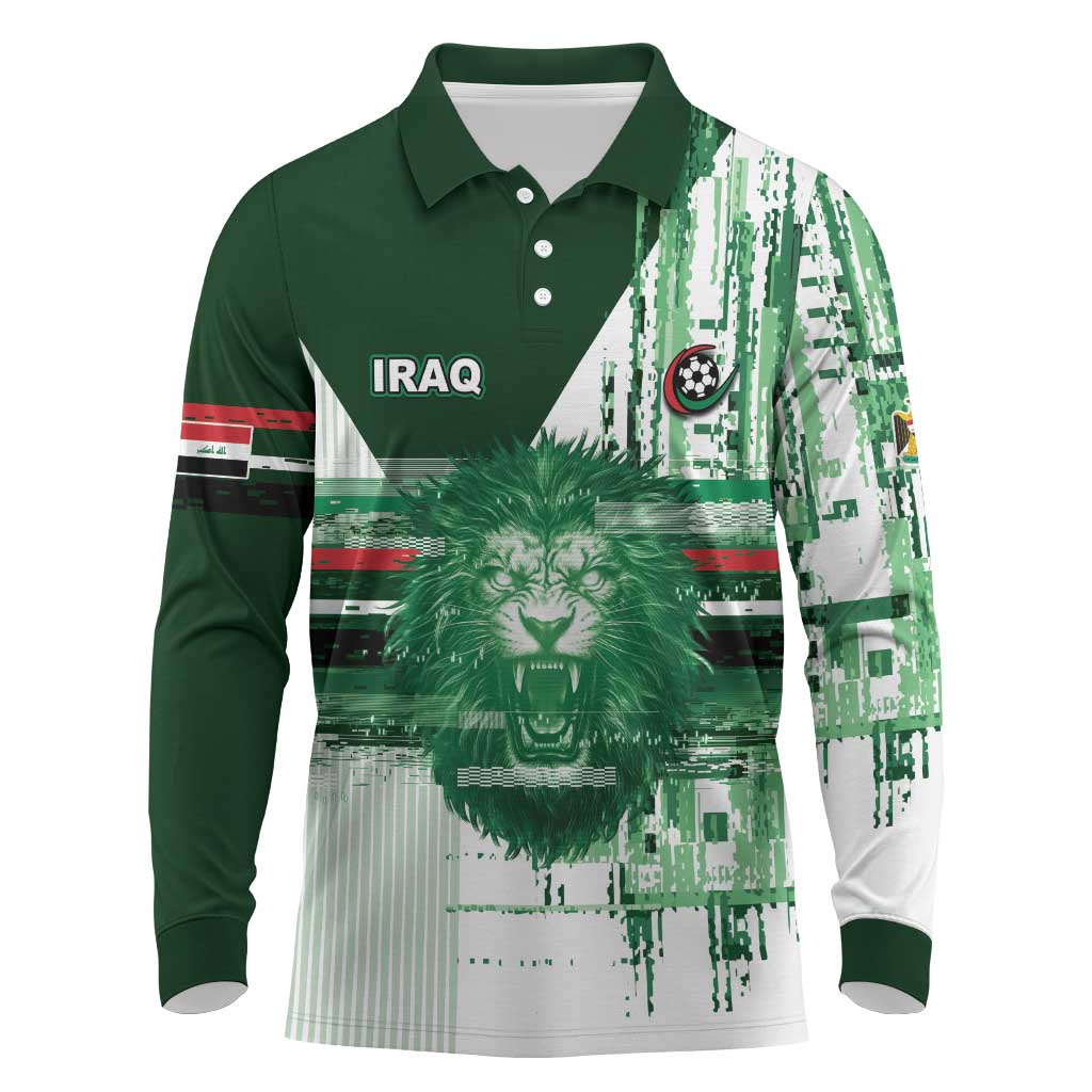 Custom Iraq Football Long Sleeve Polo Shirt Modern Glitch Art Style Lion Symbolism