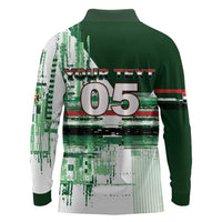 Custom Iraq Football Long Sleeve Polo Shirt Modern Glitch Art Style Lion Symbolism