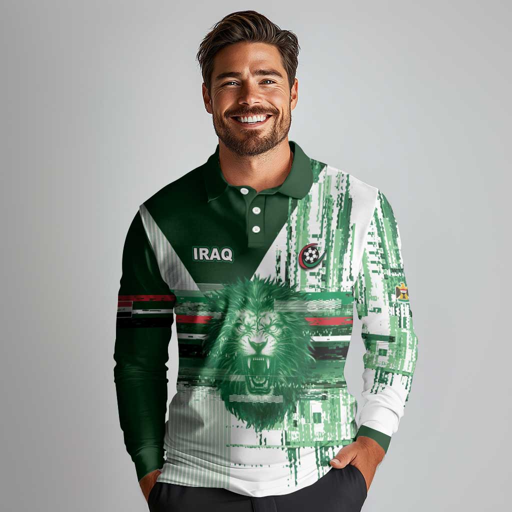 Custom Iraq Football Long Sleeve Polo Shirt Modern Glitch Art Style Lion Symbolism