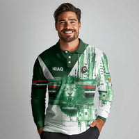 Custom Iraq Football Long Sleeve Polo Shirt Modern Glitch Art Style Lion Symbolism