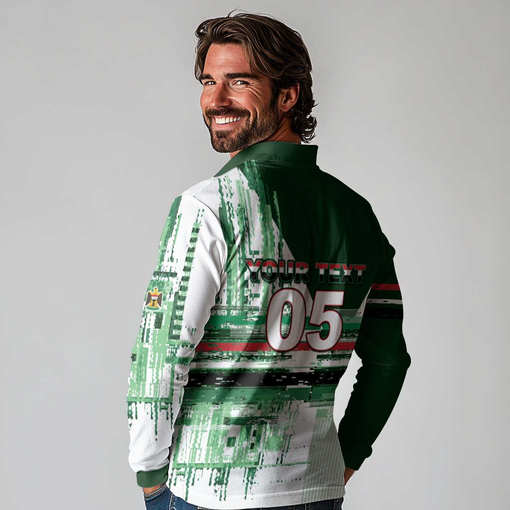 Custom Iraq Football Long Sleeve Polo Shirt Modern Glitch Art Style Lion Symbolism