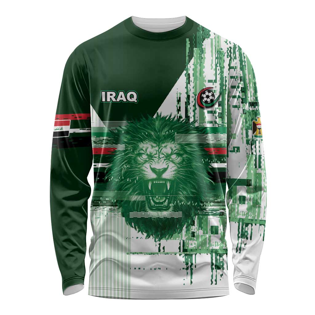 Custom Iraq Football Long Sleeve Shirt Modern Glitch Art Style Lion Symbolism