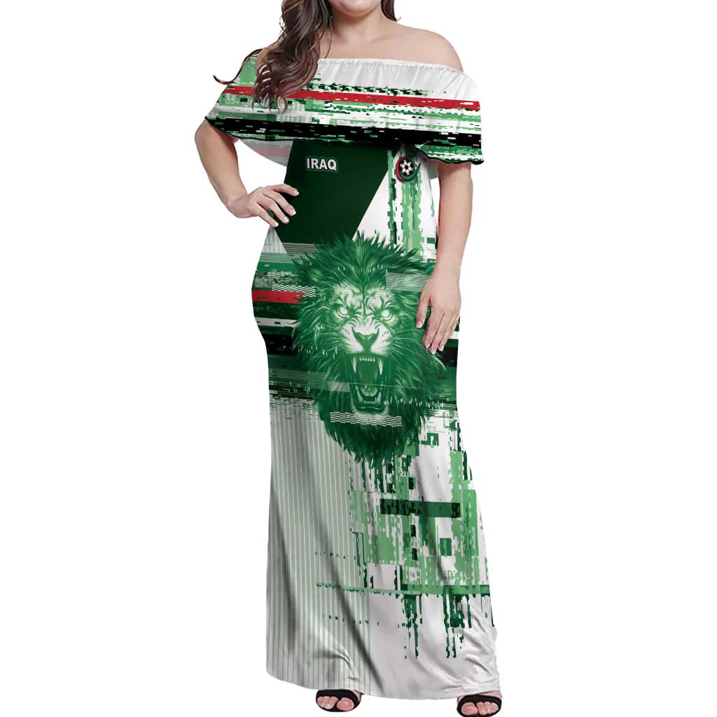 Custom Iraq Football Off Shoulder Maxi Dress Modern Glitch Art Style Lion Symbolism