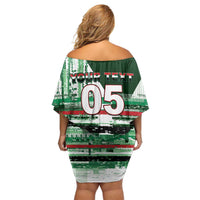 Custom Iraq Football Off Shoulder Short Dress Modern Glitch Art Style Lion Symbolism