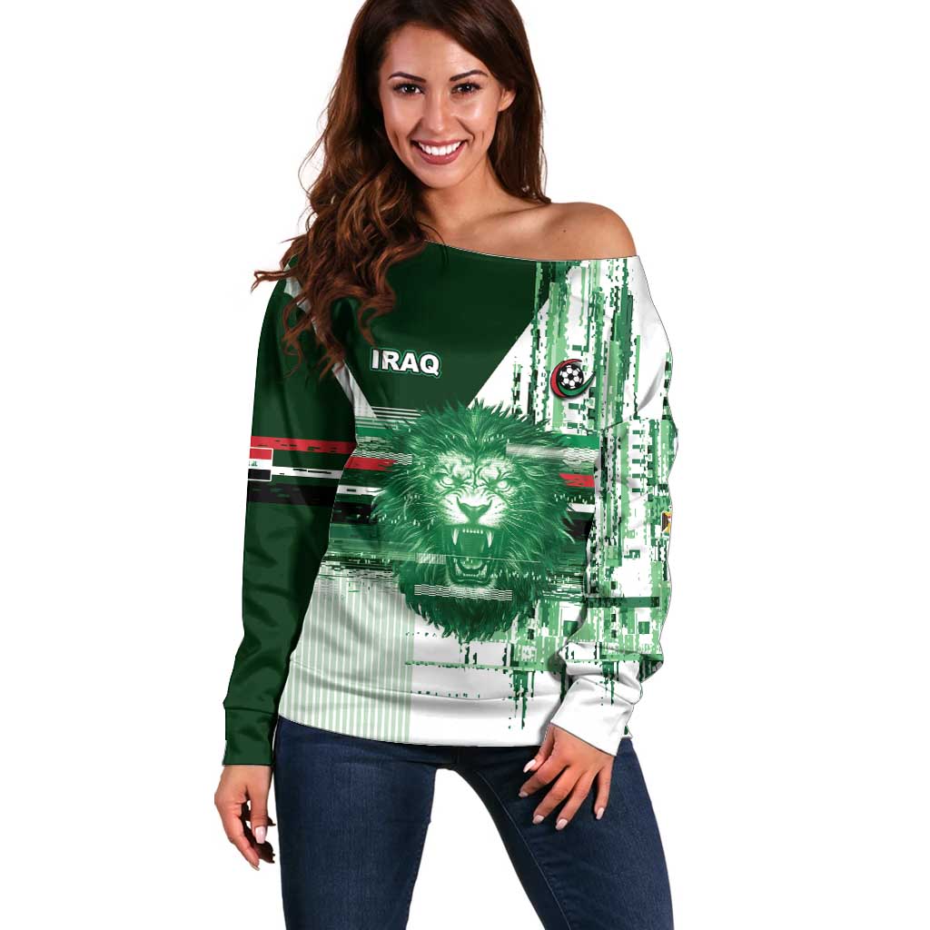 Custom Iraq Football Off Shoulder Sweater Modern Glitch Art Style Lion Symbolism
