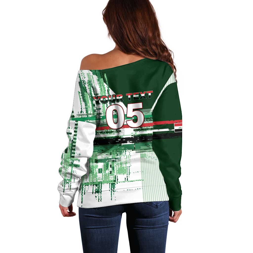 Custom Iraq Football Off Shoulder Sweater Modern Glitch Art Style Lion Symbolism