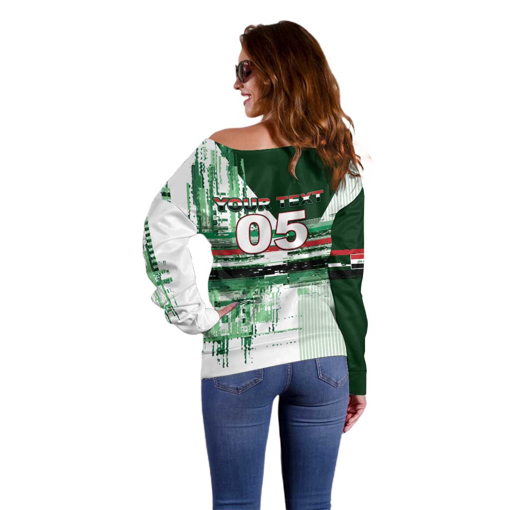 Custom Iraq Football Off Shoulder Sweater Modern Glitch Art Style Lion Symbolism