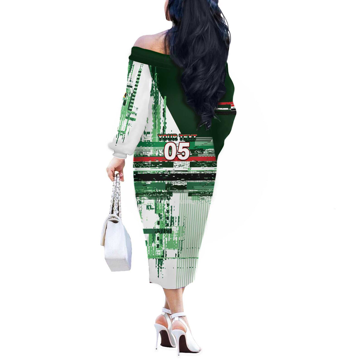 Custom Iraq Football Off The Shoulder Long Sleeve Dress Modern Glitch Art Style Lion Symbolism