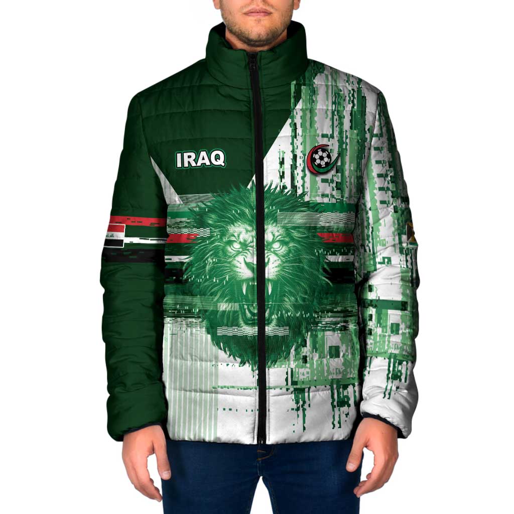 Custom Iraq Football Padded Jacket Modern Glitch Art Style Lion Symbolism
