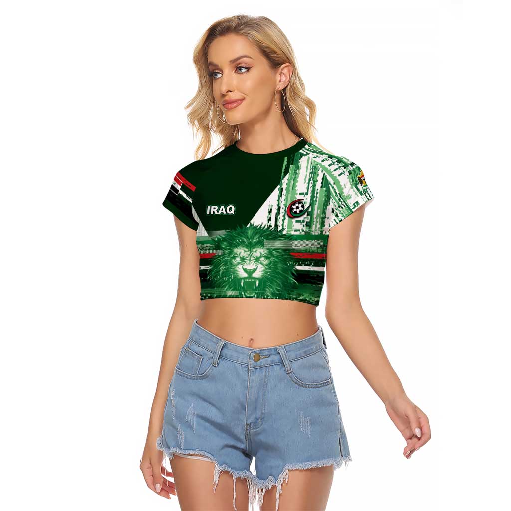 Custom Iraq Football Raglan Cropped T Shirt Modern Glitch Art Style Lion Symbolism