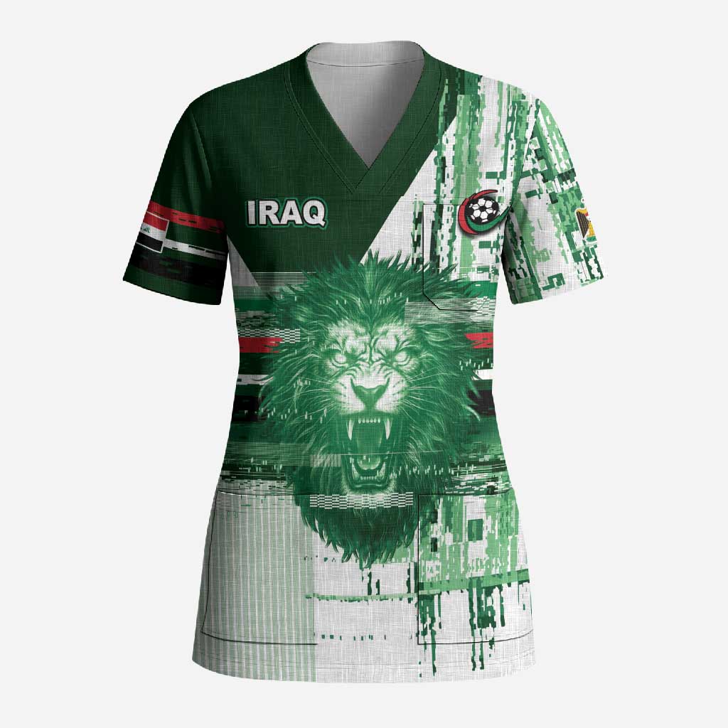 Custom Iraq Football Scrub Top Modern Glitch Art Style Lion Symbolism