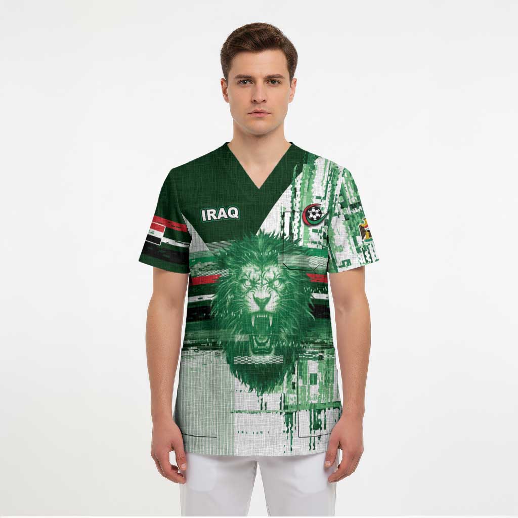 Custom Iraq Football Scrub Top Modern Glitch Art Style Lion Symbolism
