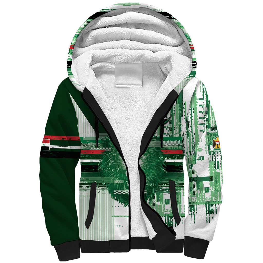 Custom Iraq Football Sherpa Hoodie Modern Glitch Art Style Lion Symbolism