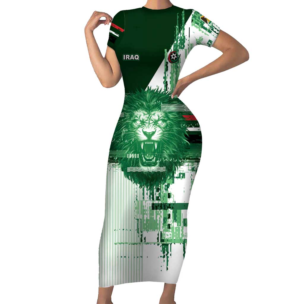 Custom Iraq Football Short Sleeve Bodycon Dress Modern Glitch Art Style Lion Symbolism