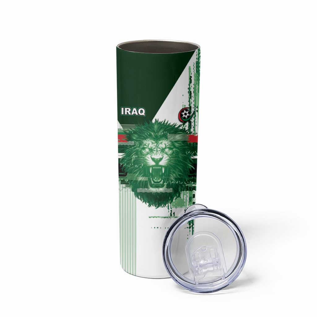 Custom Iraq Football Skinny Tumbler Modern Glitch Art Style Lion Symbolism