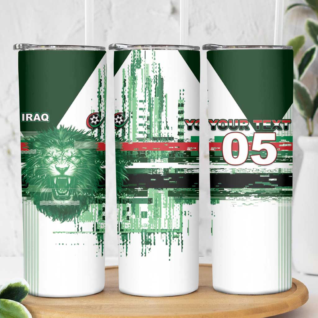 Custom Iraq Football Skinny Tumbler Modern Glitch Art Style Lion Symbolism