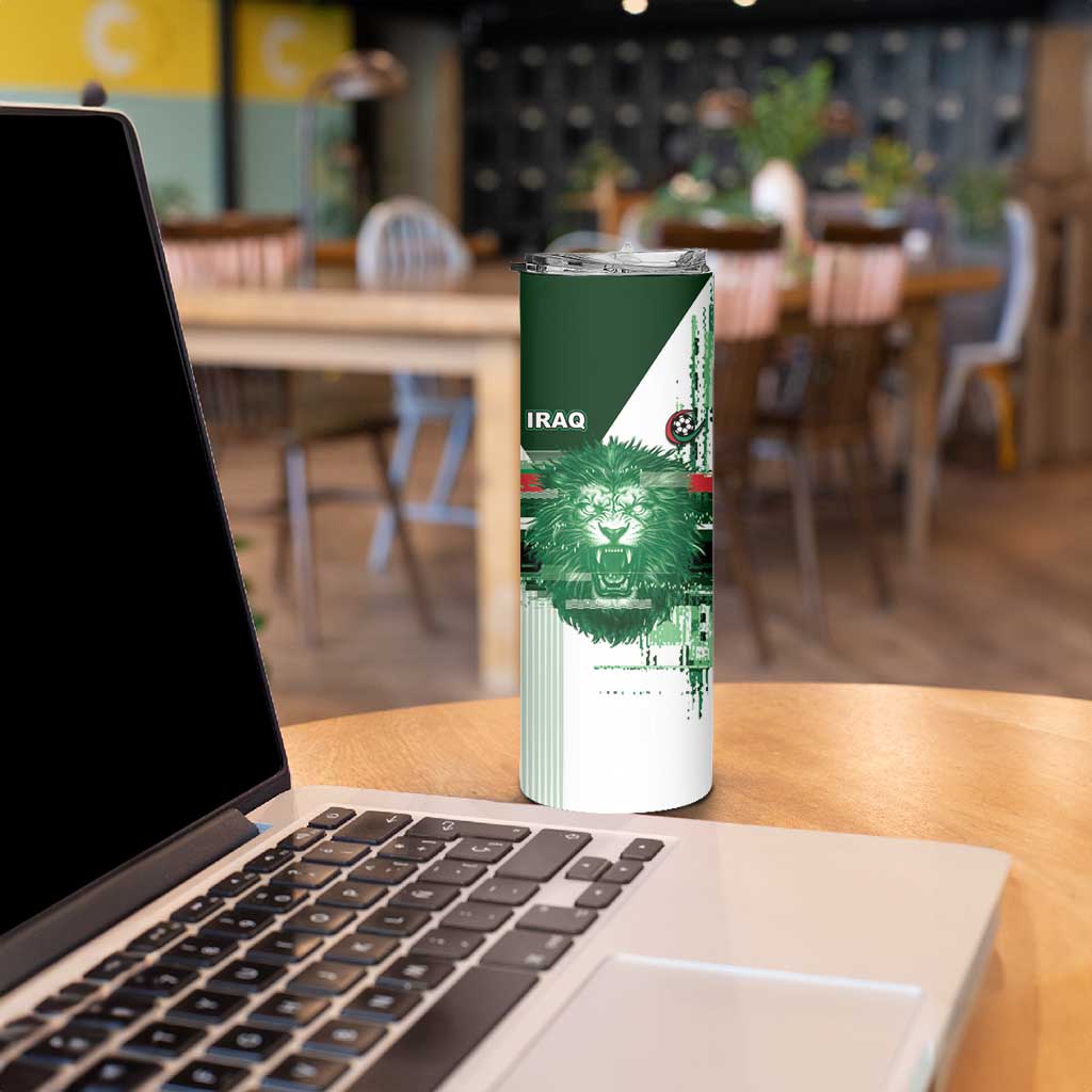 Custom Iraq Football Skinny Tumbler Modern Glitch Art Style Lion Symbolism