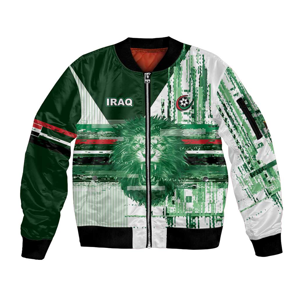 Custom Iraq Football Sleeve Zip Bomber Jacket Modern Glitch Art Style Lion Symbolism