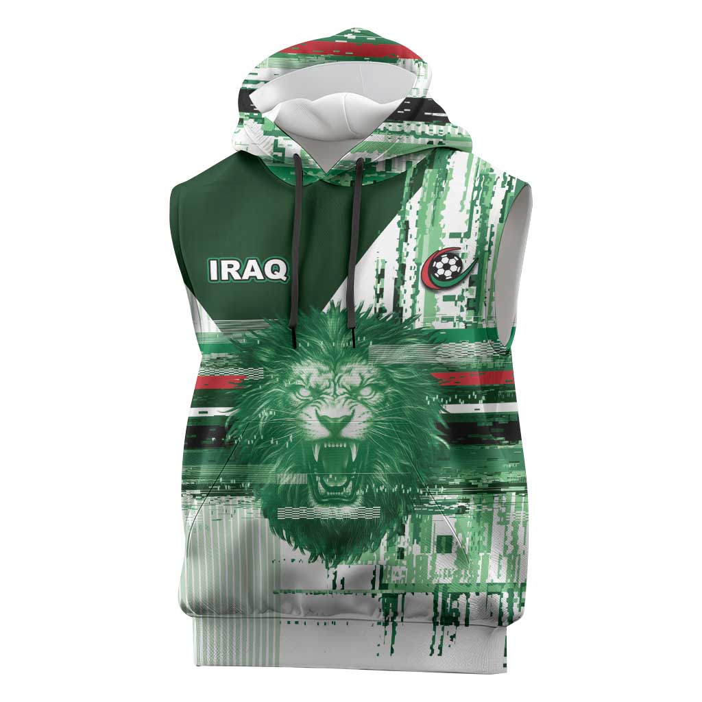 Custom Iraq Football Sleeveless Hoodie Modern Glitch Art Style Lion Symbolism