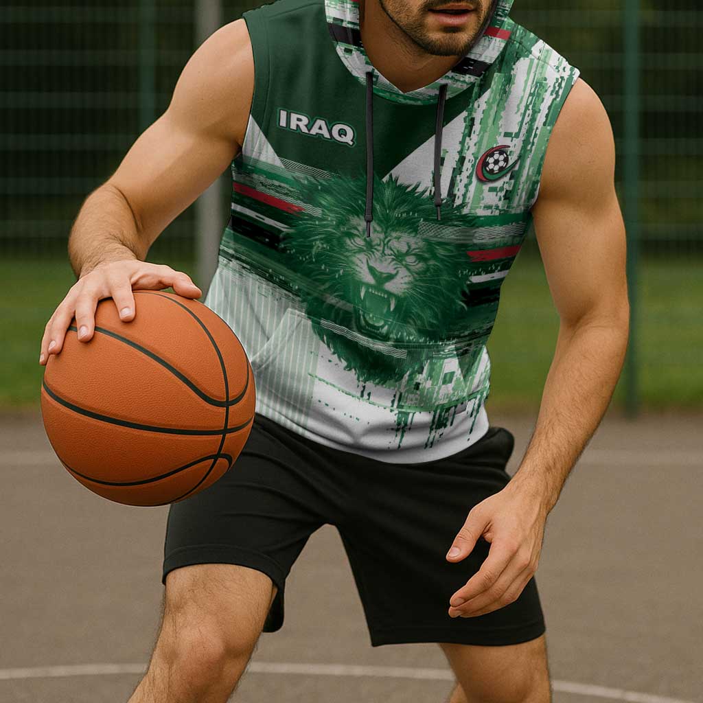 Custom Iraq Football Sleeveless Hoodie Modern Glitch Art Style Lion Symbolism