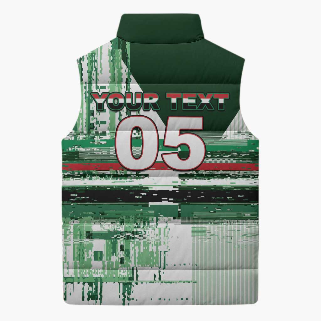 Custom Iraq Football Sleeveless Puffer Jacket Modern Glitch Art Style Lion Symbolism