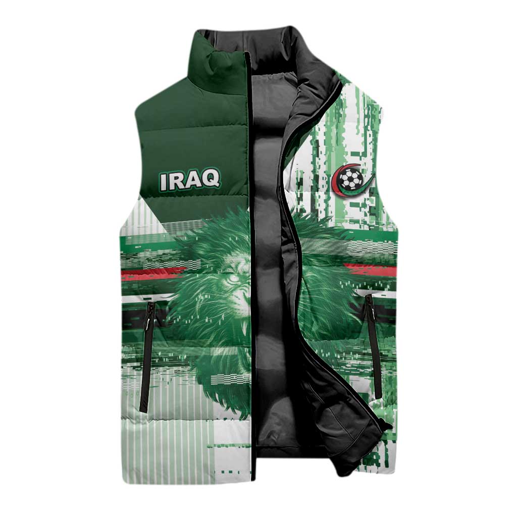 Custom Iraq Football Sleeveless Puffer Jacket Modern Glitch Art Style Lion Symbolism