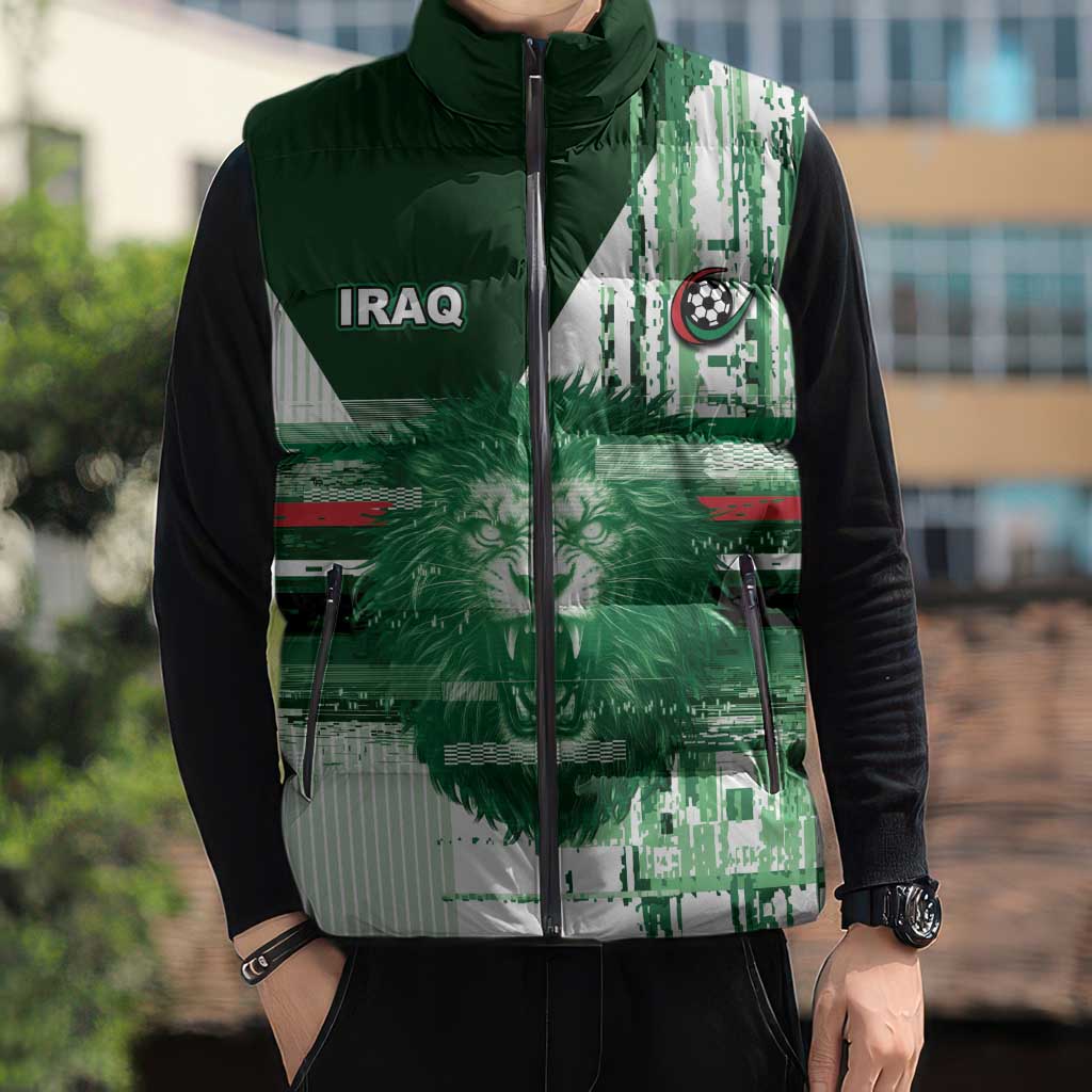 Custom Iraq Football Sleeveless Puffer Jacket Modern Glitch Art Style Lion Symbolism