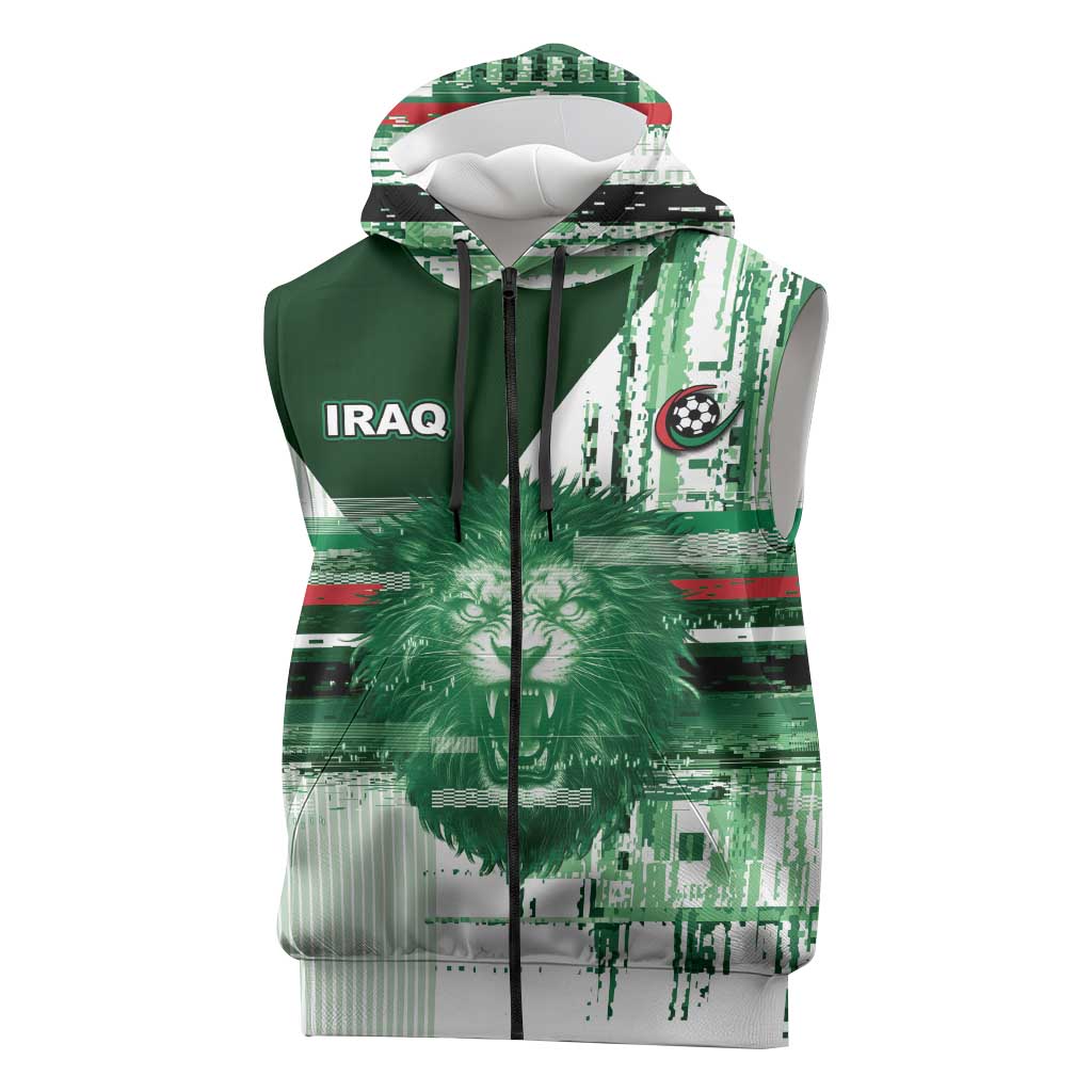 Custom Iraq Football Sleeveless Zip Hoodie Modern Glitch Art Style Lion Symbolism