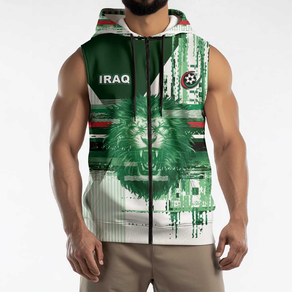 Custom Iraq Football Sleeveless Zip Hoodie Modern Glitch Art Style Lion Symbolism