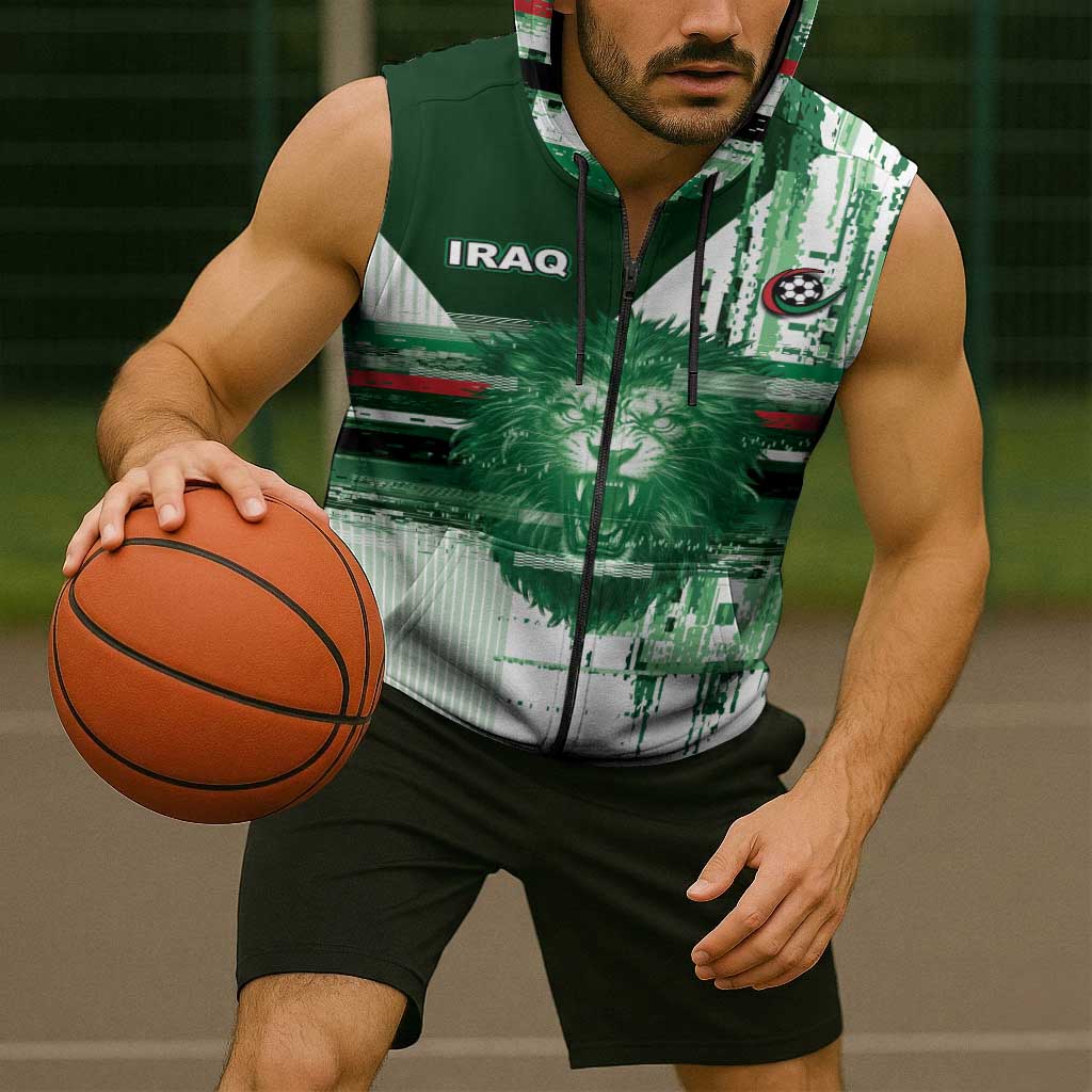 Custom Iraq Football Sleeveless Zip Hoodie Modern Glitch Art Style Lion Symbolism