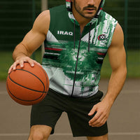 Custom Iraq Football Sleeveless Zip Hoodie Modern Glitch Art Style Lion Symbolism