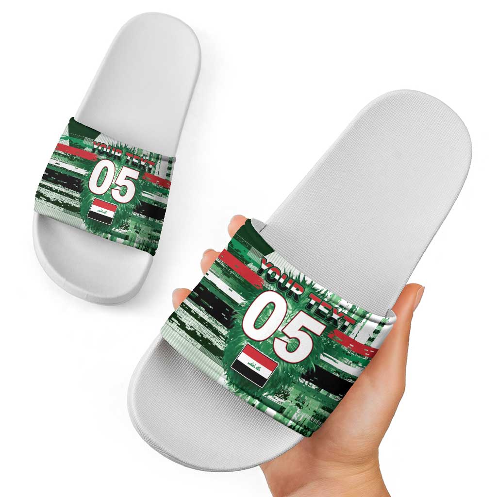 Custom Iraq Football Slide Sandals Modern Glitch Art Style Lion Symbolism