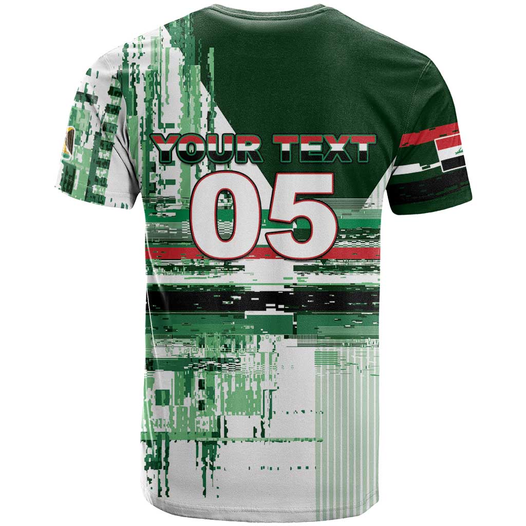 Custom Iraq Football T Shirt Modern Glitch Art Style Lion Symbolism