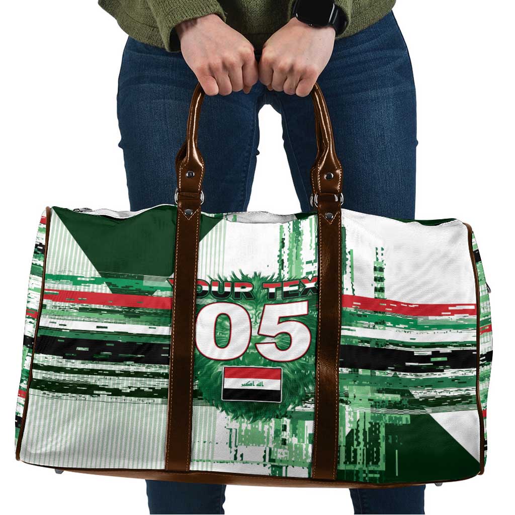 Custom Iraq Football Travel Bag Modern Glitch Art Style Lion Symbolism
