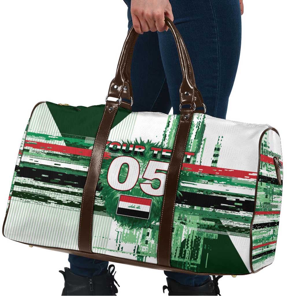 Custom Iraq Football Travel Bag Modern Glitch Art Style Lion Symbolism