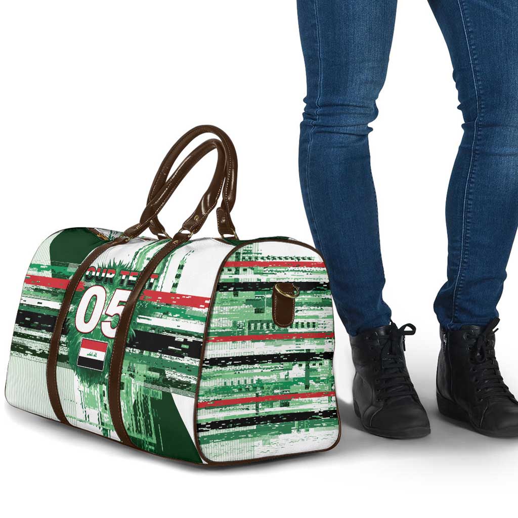 Custom Iraq Football Travel Bag Modern Glitch Art Style Lion Symbolism