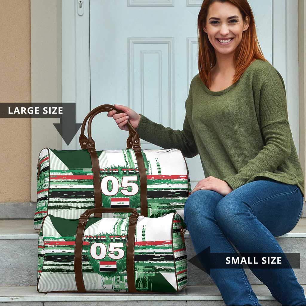 Custom Iraq Football Travel Bag Modern Glitch Art Style Lion Symbolism