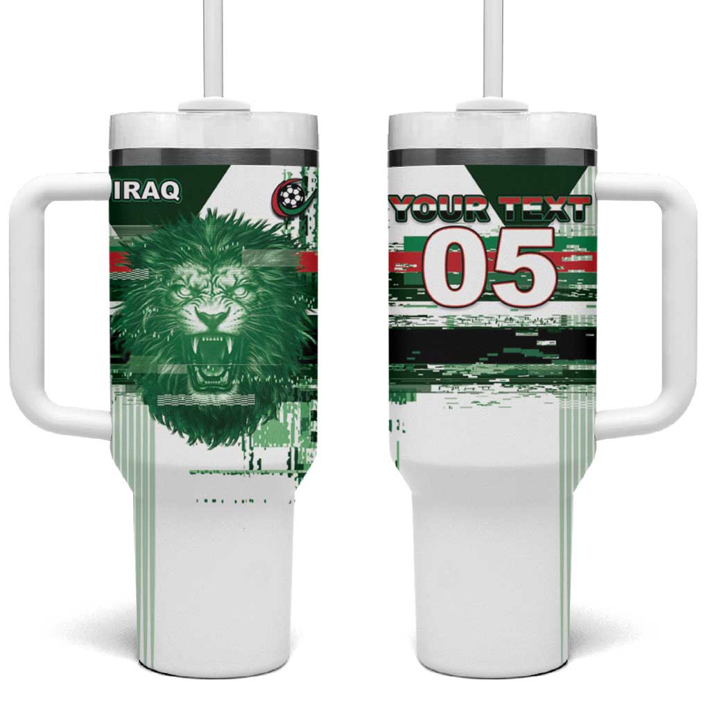Custom Iraq Football Tumbler With Handle Modern Glitch Art Style Lion Symbolism