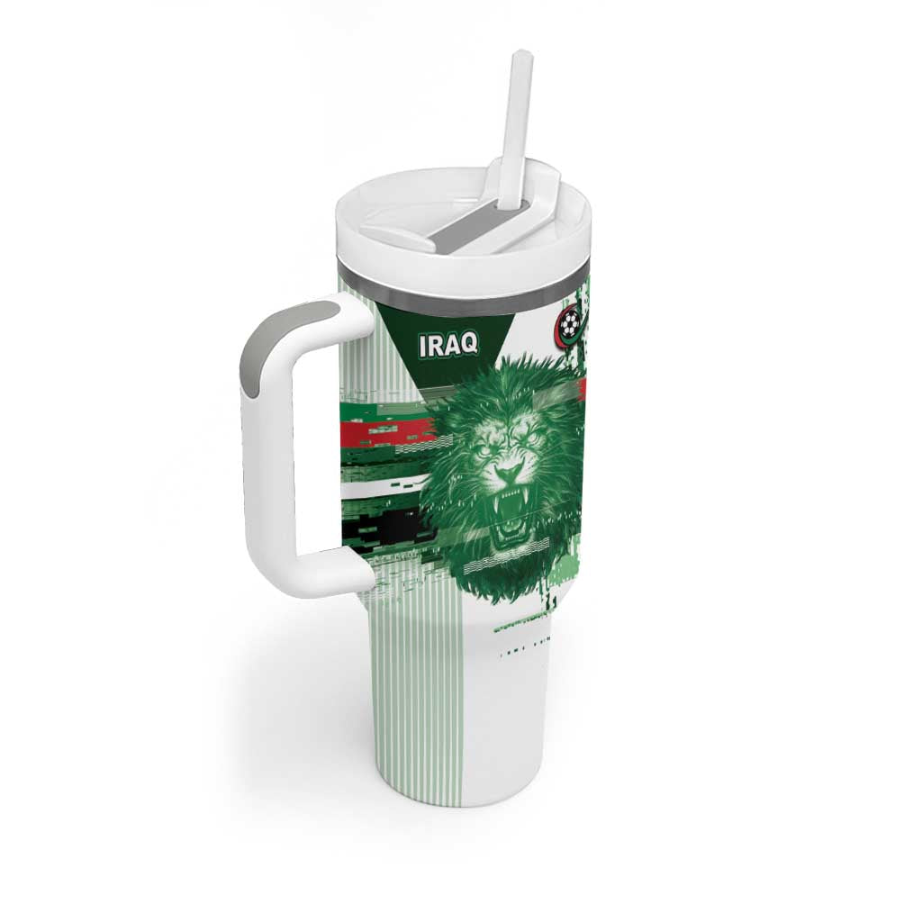 Custom Iraq Football Tumbler With Handle Modern Glitch Art Style Lion Symbolism