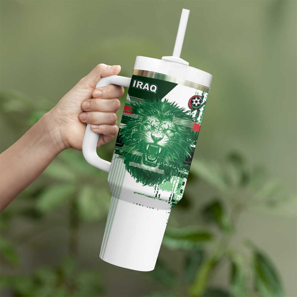 Custom Iraq Football Tumbler With Handle Modern Glitch Art Style Lion Symbolism