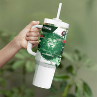 Custom Iraq Football Tumbler With Handle Modern Glitch Art Style Lion Symbolism
