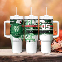 Custom Iraq Football Tumbler With Handle Modern Glitch Art Style Lion Symbolism