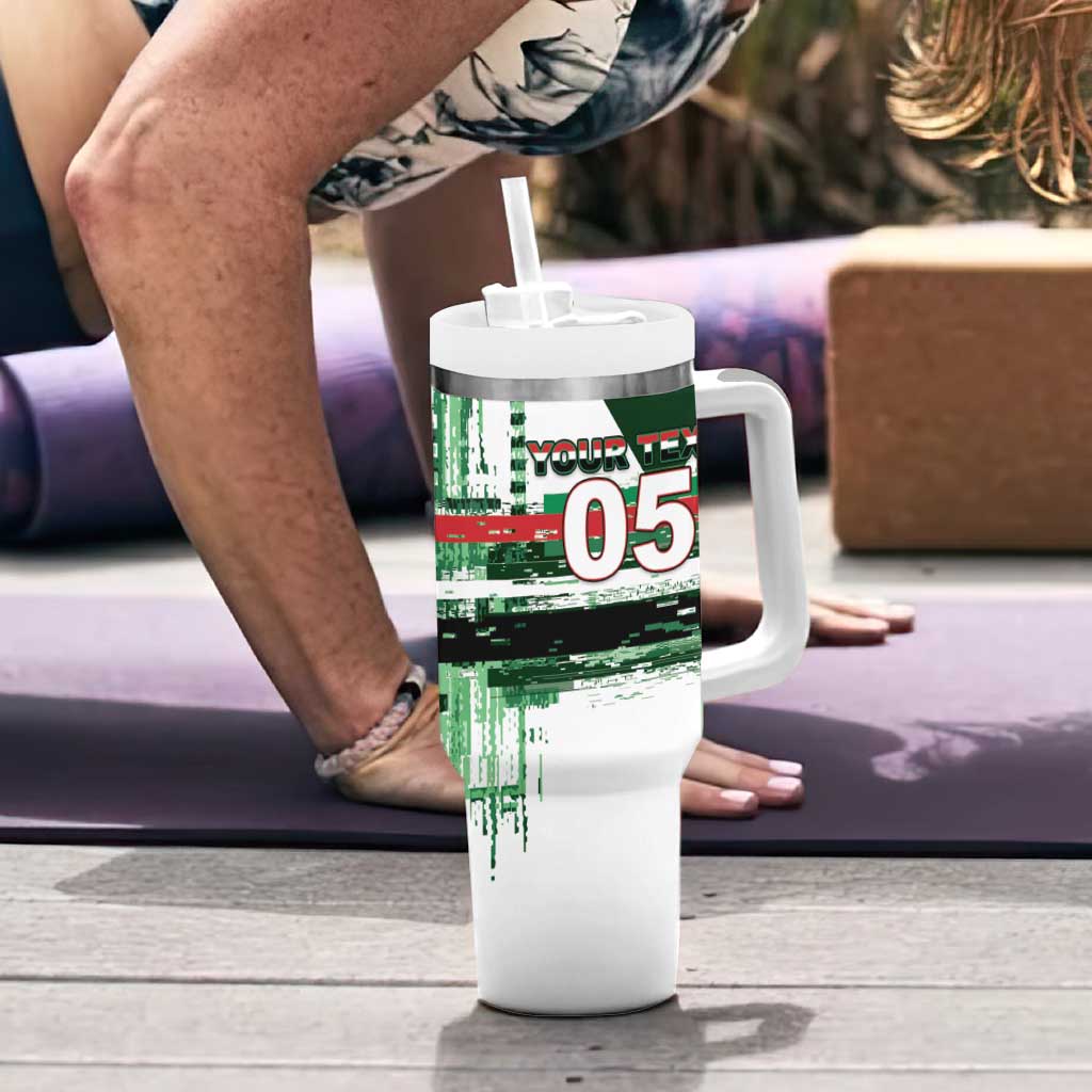 Custom Iraq Football Tumbler With Handle Modern Glitch Art Style Lion Symbolism
