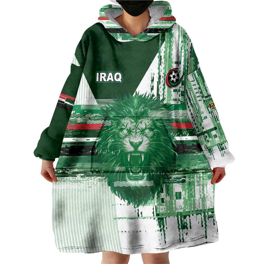 Custom Iraq Football Wearable Blanket Hoodie Modern Glitch Art Style Lion Symbolism