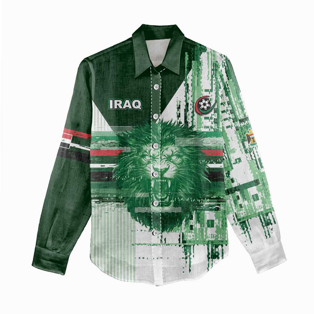 Custom Iraq Football Women Casual Shirt Modern Glitch Art Style Lion Symbolism